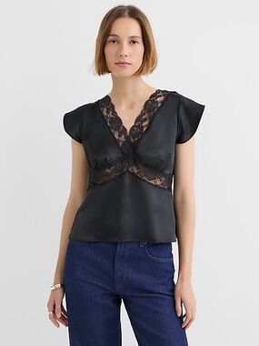 LOFT Black Lace-Trim V-Neck Blouse